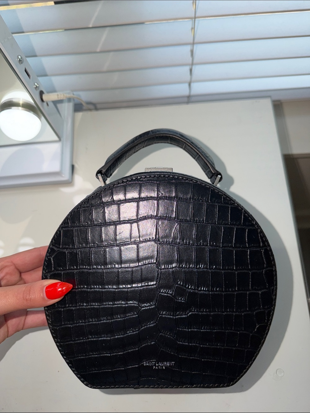 Yves Saint Laurent Black Croc-Embossed Mini Top-Handle Bag - Picture 1 of 6